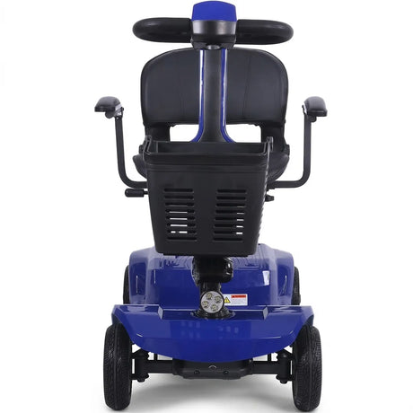 Vista frontal de scooter azul de dimensiones compactas (105x50x90cm) diseñado para circular por ascensores y domicilios dortomedical