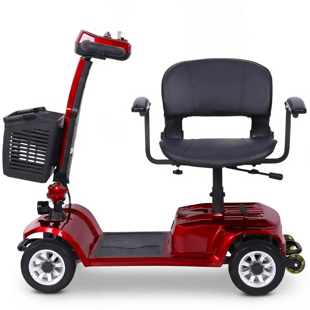 Perfil de scooter eléctrico rojo mostrando el sistema de ajuste de altura del asiento y el reposabrazos regulable en anchura dortomedical