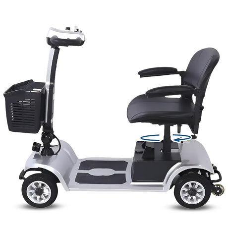 Vista lateral asiento acolchado con rotación de 360 grados para facilitar la entrada y salida del usuario del scooter dortomedical