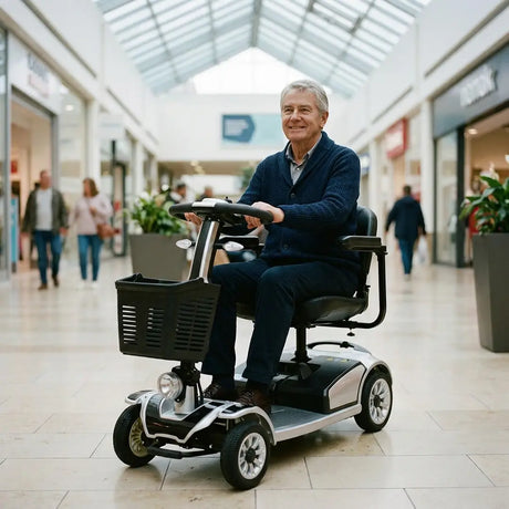 Hombre paseando por centro comercial con el scooter eléctrico cómodo con asiento acolchado y confortable para garantizar viajes largos plenamente confortables dortomedical