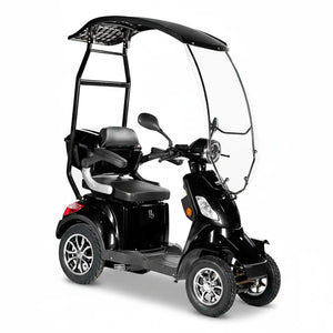 Perfil izquierdo de scooter con cabina, equipado con baterías de gel de larga duración y autonomía de 60 km dortomedical