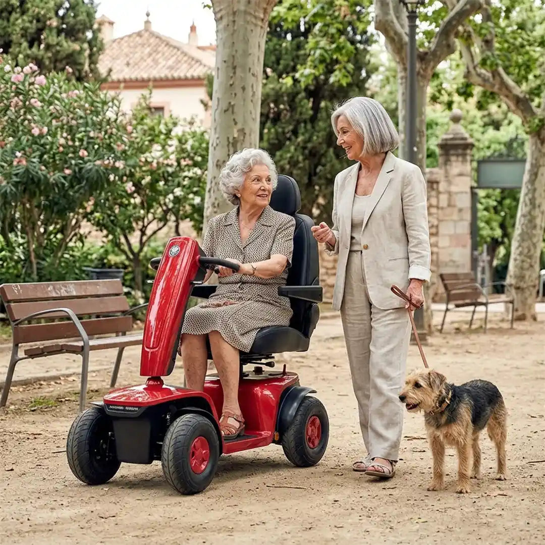 Usuaria utilizando el scooter eléctrico de fabricación europea Sync seguro y de alta calidad dortomedical