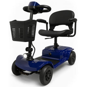 vista frontal inclinada del scooter de 4 ruedas ucas blue con cesta extraíble que te permite llevar tu compra y objetos personales contigo dortomedical