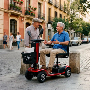 Usuario disfrutando del scooter eléctrico de movilidad y accesibilidad que incorpora un asiento ergonómico con respaldo abatible dortomedical