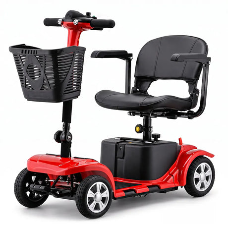 Modelo rojo del scooter eléctrico de movilidad y accesibilidad con asiento giratorio en 360 grados para facilitar el acceso al scooter dortomedical