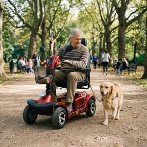 Usuario paseando a su mascota por el parque utilizando el scooter eléctrico de movilidad con intermitentes LED para aumentar la seguridad en los desplazamientos dortomedical