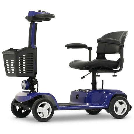 Moto eléctrica para personas con movilidad reducida, color azul, con cesta y asiento cómodo giratorio que facilita la entrada y salida dortomedical