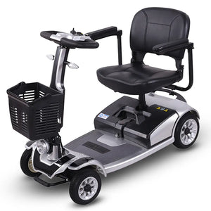 Vista tres cuartos del scooter eléctrico personas mayores con autonomía de hasta 35 km ideal para viajes largos sin preocupaciones dortomedical