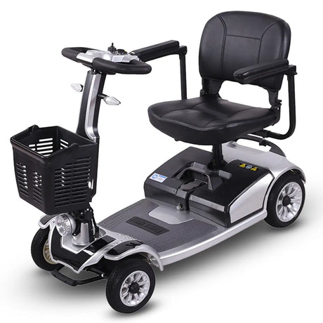 Vista tres cuartos del scooter eléctrico personas mayores con autonomía de hasta 35 km ideal para viajes largos sin preocupaciones dortomedical