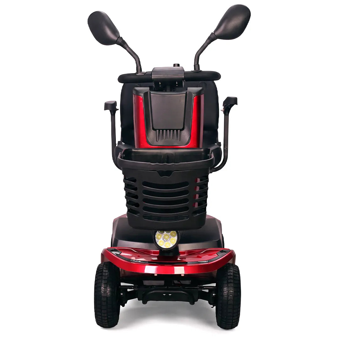 Vista frontal del scooter eléctrico para personas mayores Mate Pro con suspensión trasera para una mayor seguridad durante el uso dortomedical