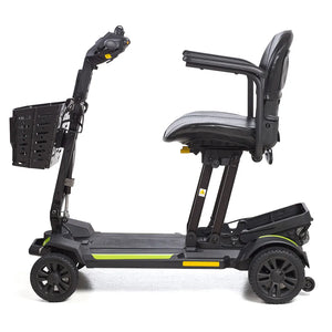 Vista lateral del scooter eléctrico plegable con bolsa para transporte incluida para llevarlo con mayor comodidad dortomedical