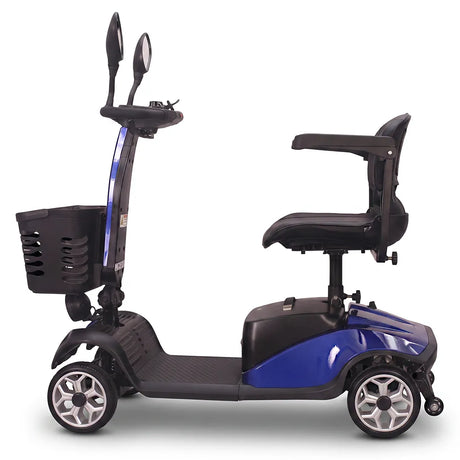 Vista lateral del scooter eléctrico con mástil plegable sin necesidad de herramientas para facilitar su transporte dortomedical