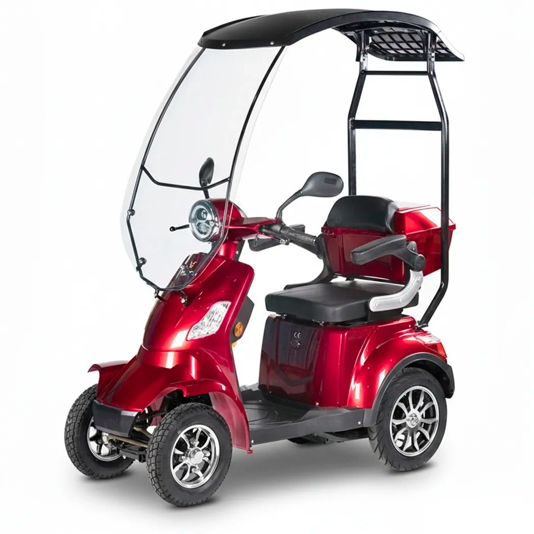 Moto eléctrica roja para movilidad reducida con cubierta para días lluviosos y motor de alta potencia dortomedical