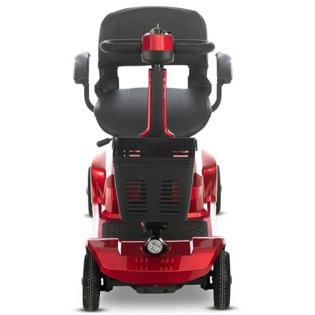 Scooter de movilidad color rojo con chasis resistente de medidas compactas, luces LED frontales y bocina integradas sobre fondo blanco dortomedical