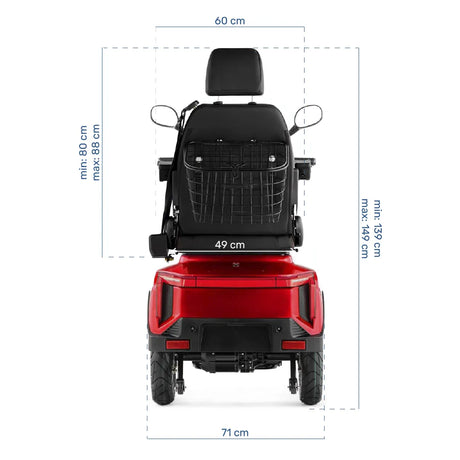 Medidas de la scooter con diseño de moto y respaldo con reposacabezas para reducir la fatiga cervical de Dortomedical.