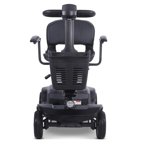 Plano frontal de scooter de movilidad negro mostrando los reposabrazos abatibles y regulables en anchura que ofrecen un mayor confort dortomedical