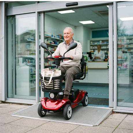 Usuario realizando labores cotidianadas con el scooter de movilidad eléctrico compacto para una conducción segura y cómoda dortomedical