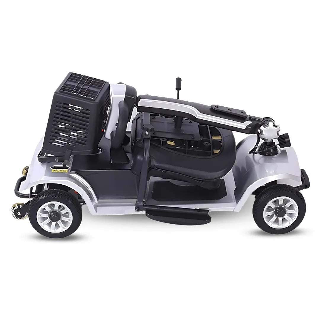 Vista plegada del scooter con potente luz LED delantera integrada en el scooter eléctrico para garantizar la visibilidad en zonas oscuras dortomedical