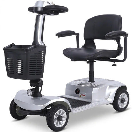 Scooter eléctrico de 4 ruedas plata con sistema de frenado electromagnético E-ABS para mayor seguridad en uso urbano dortomedical