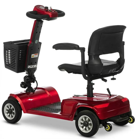 Vista posterior de scooter de movilidad rojo destacando el parachoques trasero y las ruedas antivuelco para mayor estabilidad dortomedical