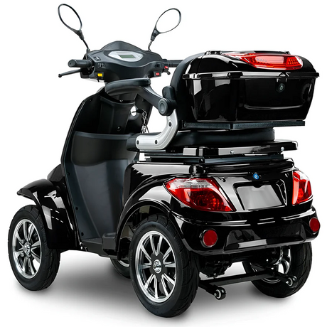 Vista trasera del scooter eléctrico negro con ruedas de 10 pulgadas sin cámara que absorben irregularidades para un paseo suave dortomedical