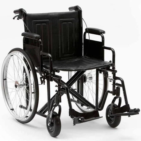 Silla bariátrica disponible en anchos de 56 y 61 cm con reposapiés regulables y abatibles para facilitar las transferencias y el acceso a mesas dortomedical