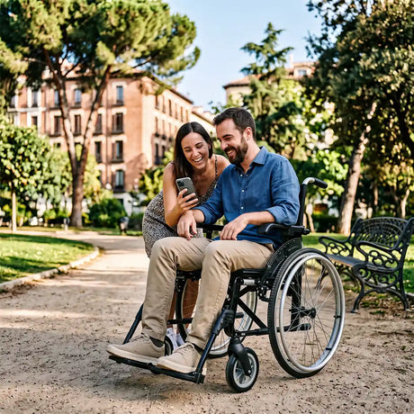 Usuario utilizando la silla de ruedas de aluminio autopropulsable segura y estable que ofrece una mayor libertad diaria dortomedical