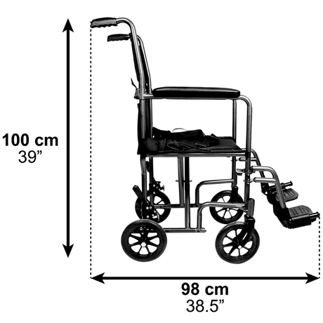 Vista lateral de silla de ruedas compacta de 54 cm de ancho y largo 98 cm ideal ascensores dortomedical