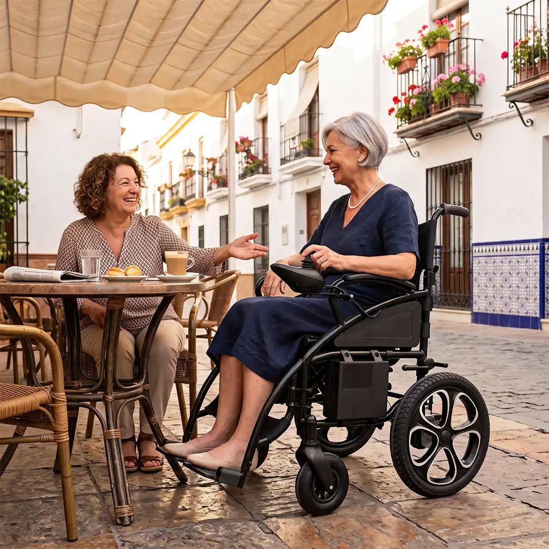 Usuaria llegando a una cafetería donde le espera una amiga, utilizando la silla de ruedas eléctrica SIRA con llantas de aluminio dortomedical