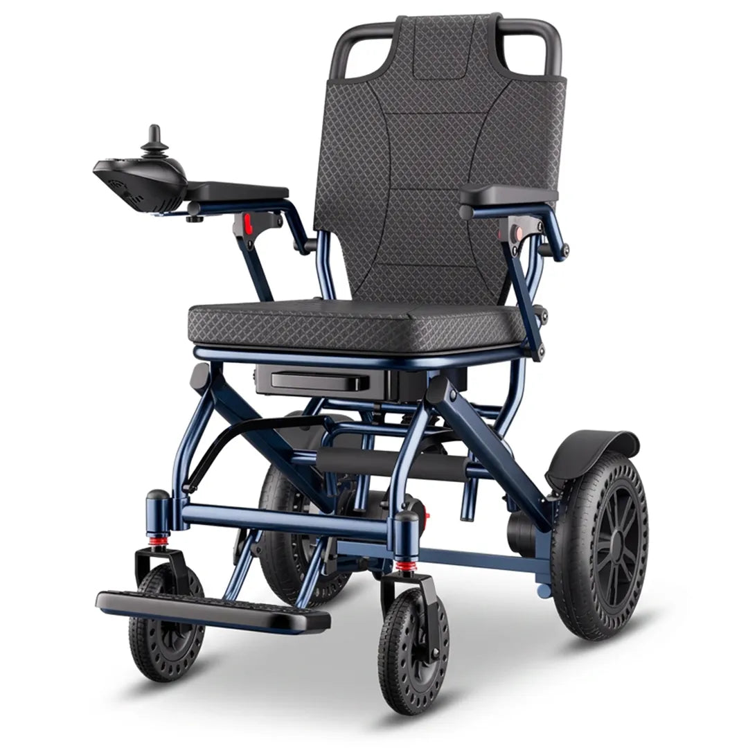 Silla de ruedas eléctrica plegable D14 con chasis de aluminio azul para una movilidad sin esfuerzo dortomedical