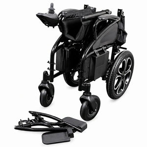 Vista plegada de la silla de ruedas eléctrica SIRA plegable, práctica y cómoda para viajar dortomedical