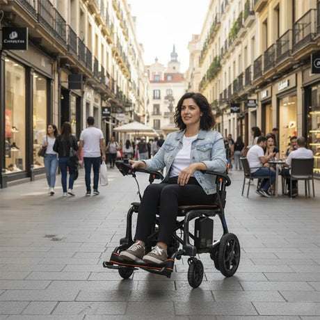 Mujer circulando con la silla eléctrica por una calle peatonal, demostrando su maniobrabilidad y diseño moderno para el uso diario en la ciudad dortomedical