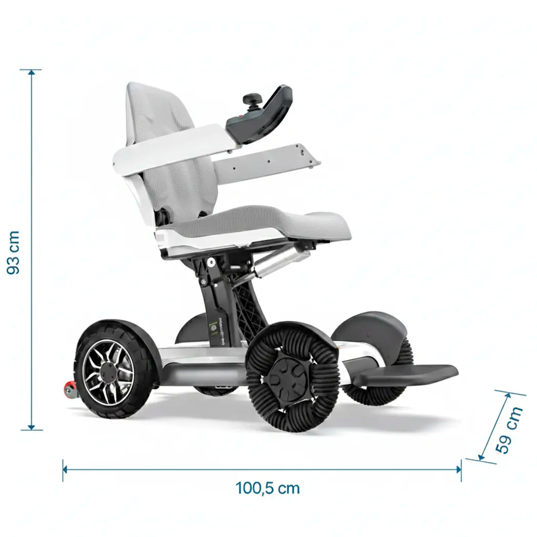 Esquema de medidas de la silla ruedas eléctrica robooter x40 con respaldo ergonómico y cómodo dortomedical