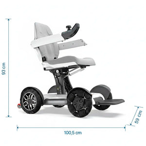 Esquema de medidas de la silla ruedas eléctrica robooter x40 con respaldo ergonómico y cómodo dortomedical