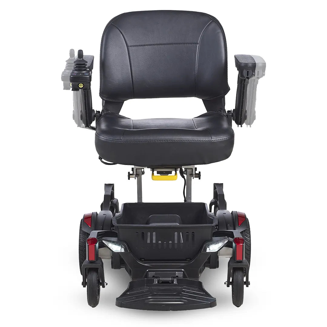 Vista frontal de la silla eléctrica fabricada en material resistente y seguro que soporta hasta 130 kg de peso de usuario dortomedical