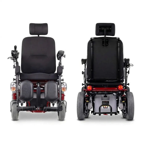 Vista delantera y trasera del modelo rojo de la silla eléctrica con ruedas macizas antipinchazos para una movilidad más estable dortomedical