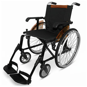 Modelo naranja de las illa de ruedas de aluminio con reposabrazos y reposapiés extraíbles sin necesidad de herramientas dortomedical