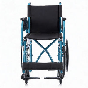 Vista frontal de la Silla de ruedas con revestimiento de nylon acolchado testado bajo normativas de seguridad de Dortomedical.