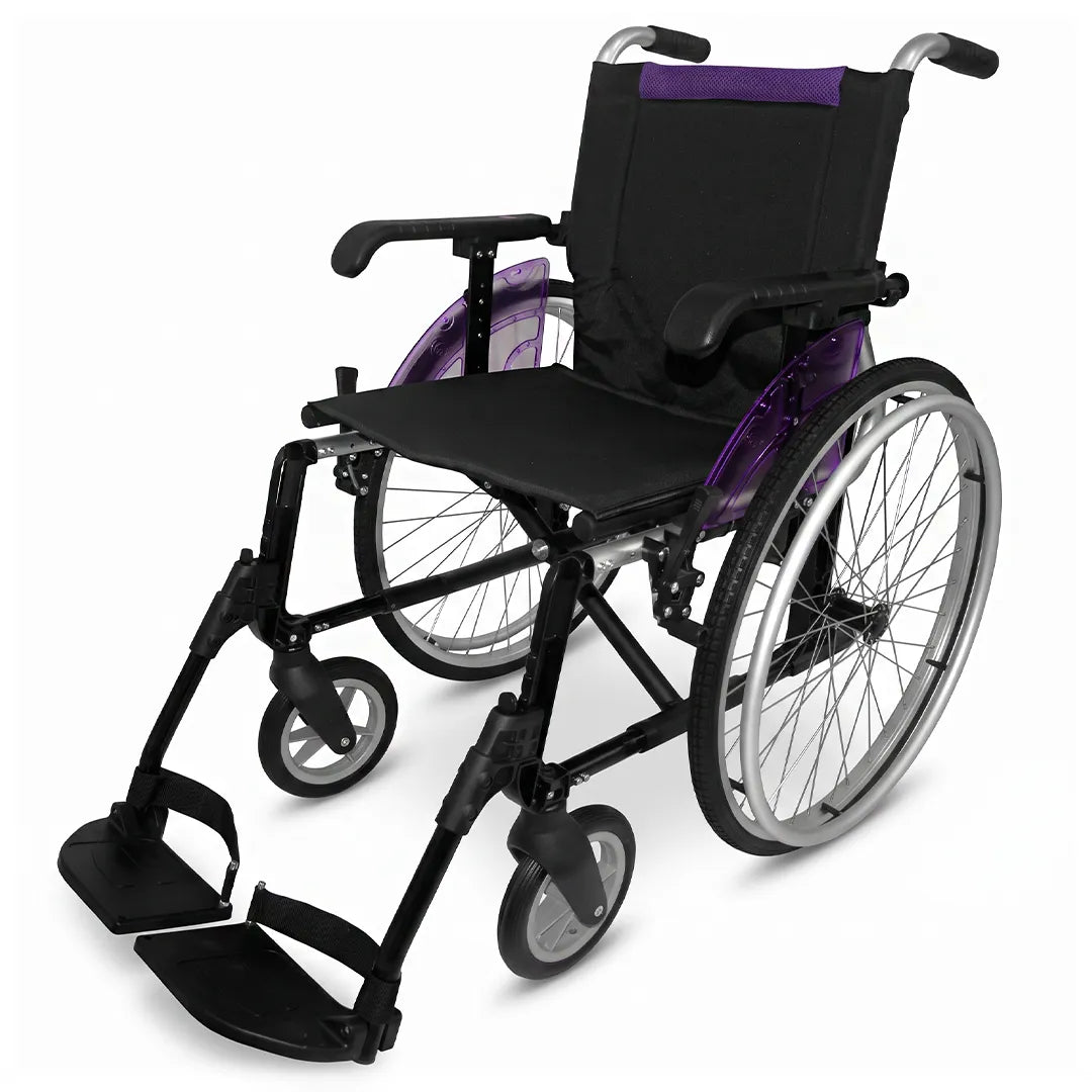Modelo morado de la silla de ruedas autopropulsable con estructura plegable de forma sencilla que facilita el almacenamiento y el transporte dortomedical