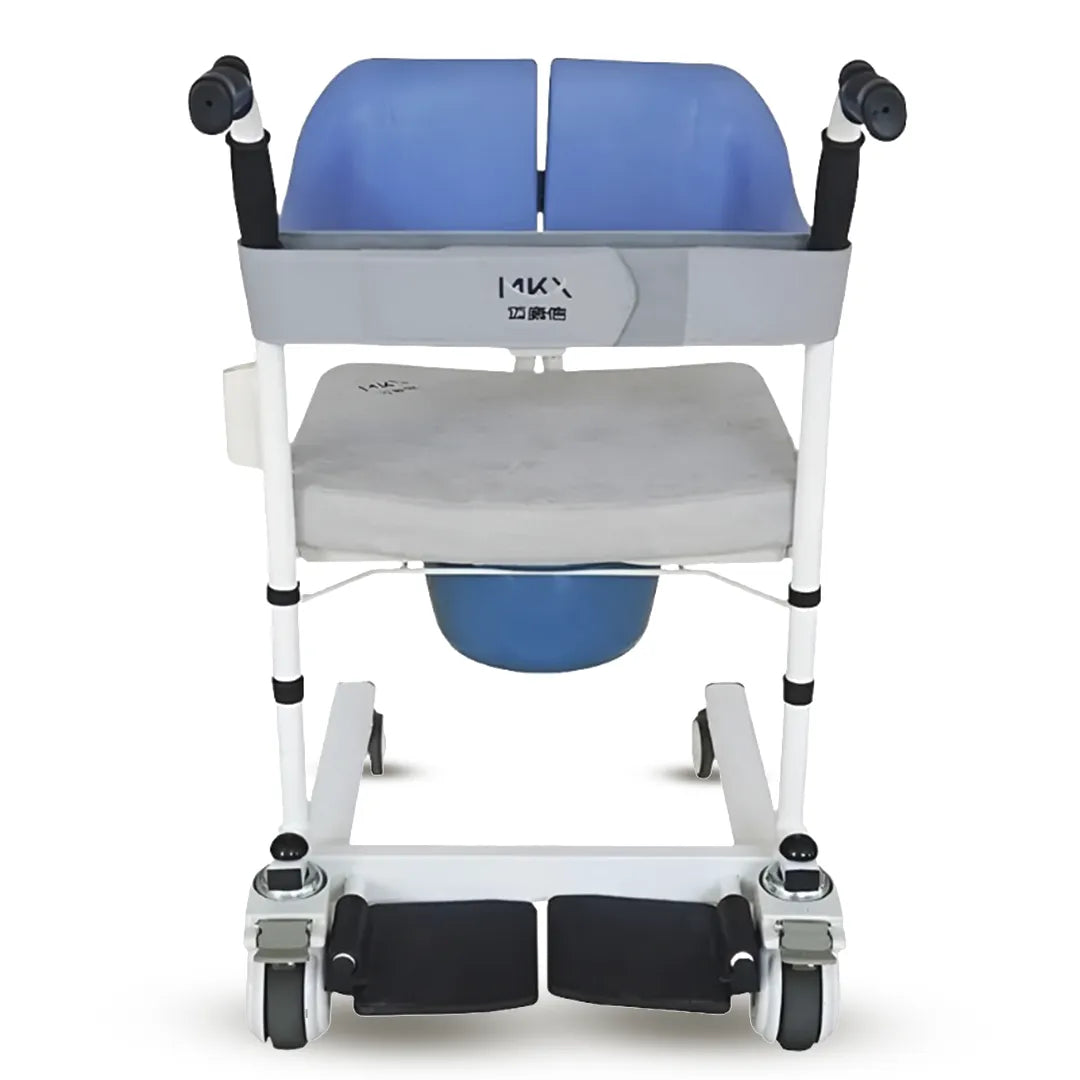 Silla de ruedas para baño con cubeta extraíble y soporte para gotero que facilita la higiene diaria dortomedical