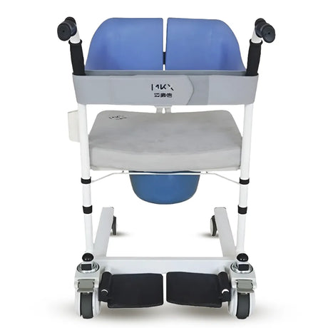 Silla de ruedas para baño con cubeta extraíble y soporte para gotero que facilita la higiene diaria dortomedical
