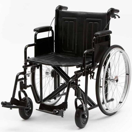 Silla de ruedas reforzada con chasis de acero de carbono que soporta hasta 200 kg; incluye doble tapicería de vinilo de fácil limpieza y reposabrazos acolchados dortomedical
