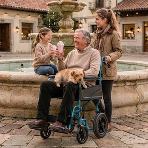 Silla de ruedas compacta con reposapiés extraíbles y regulables en longitud para mayor confort de Dortomedical.