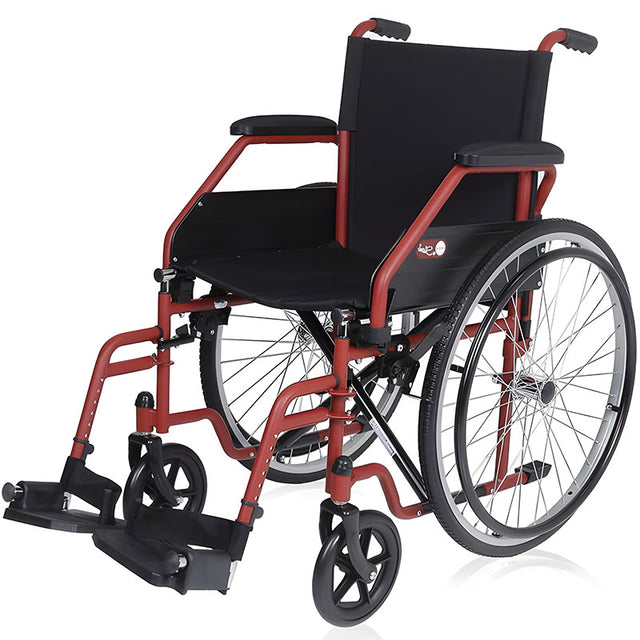 Silla de ruedas de transporte económica y resistente en color rojo, con tapizado de nylon negro y diseño plegable compacto para el día a día dortomedical