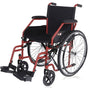 Silla de ruedas de transporte económica y resistente en color rojo, con tapizado de nylon negro y diseño plegable compacto para el día a día dortomedical