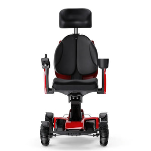 Vista frontal de la silla de ruedas eléctrica con ajuste de altura de asiento manual para una adaptabilidad personalizada según el usuario dortomedical