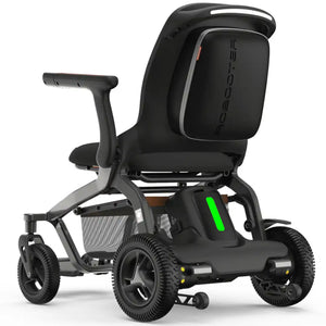 Perspectiva trasera de la silla de ruedas con conectividad Bluetooth para control remoto mediante App móvil y bolsillo trasero integrado dorotmedical