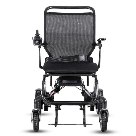 Vista frontal de la silla de ruedas eléctrica con estructura plegable para un almacenamiento cómodo dortomedical
