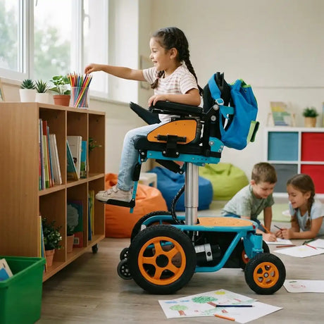 Usuaria utilizando la silla de ruedas eléctrica infantil con elevación segura para facilitar acciones cotidianas dortomedical