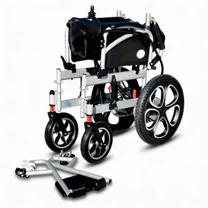 Vista plegada de la silla de ruedas eléctrica plegable y ligera con chasis de aluminio y batería de litio extraíble dortomedical